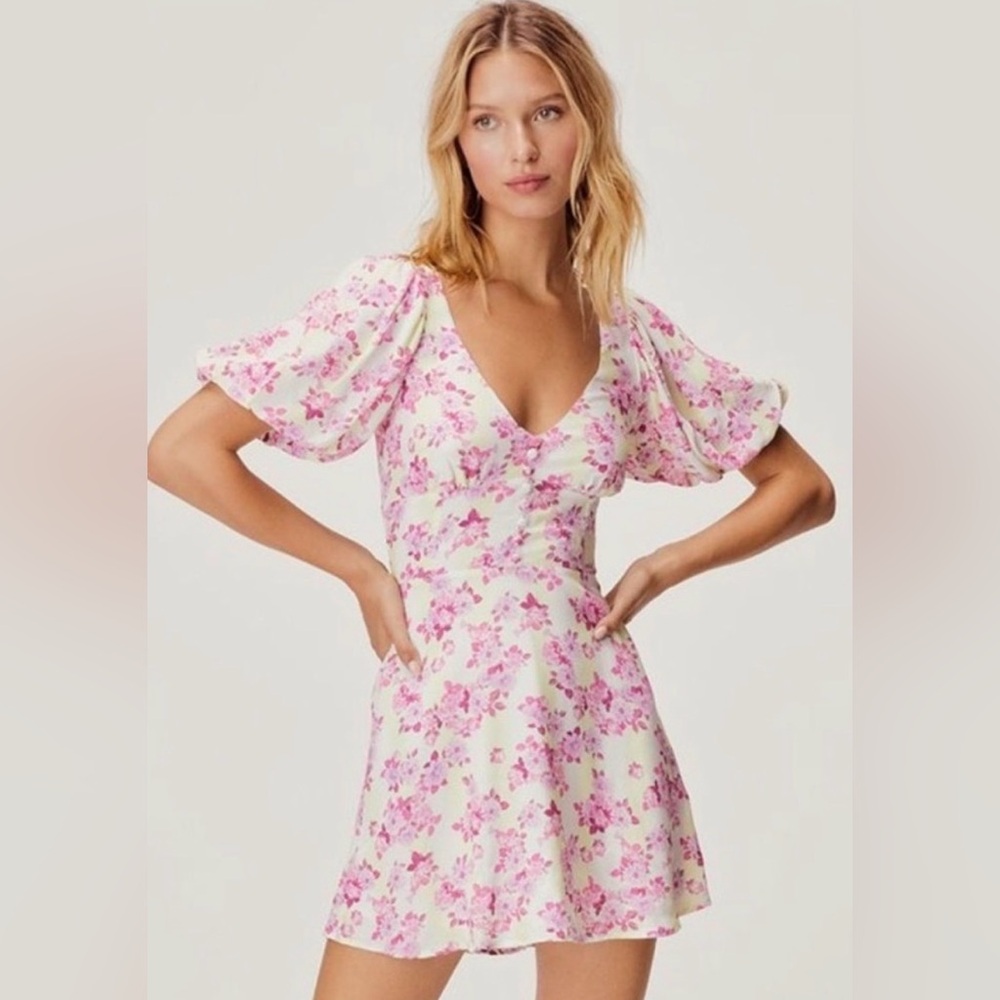 For Love & Lemons Pink Floral Puff-Sleeve Mini Dress